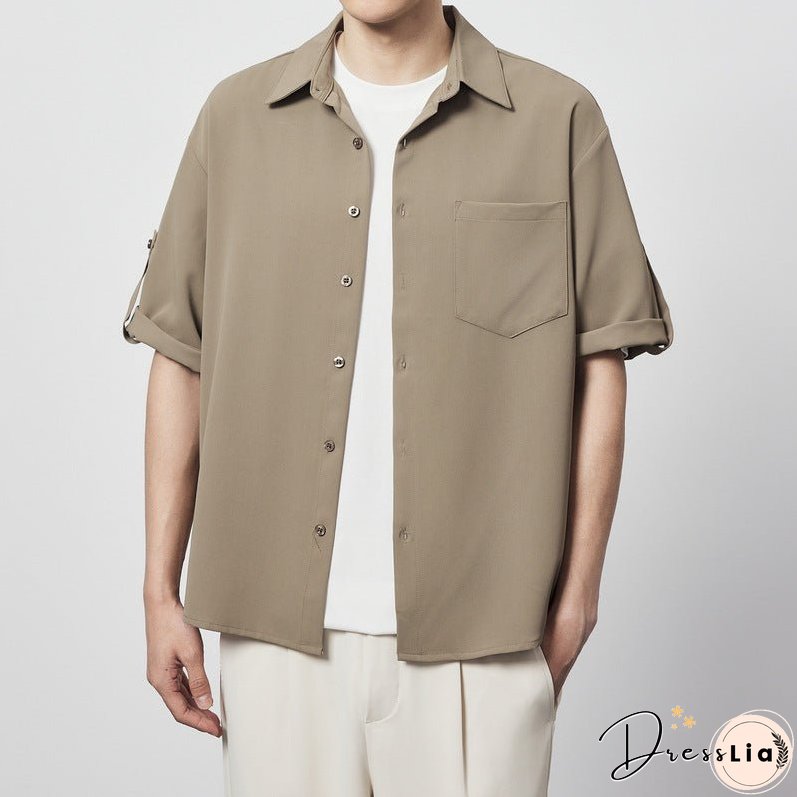 Minimalist Basic Solid Color Short Sleeve Shirt Loose Twill