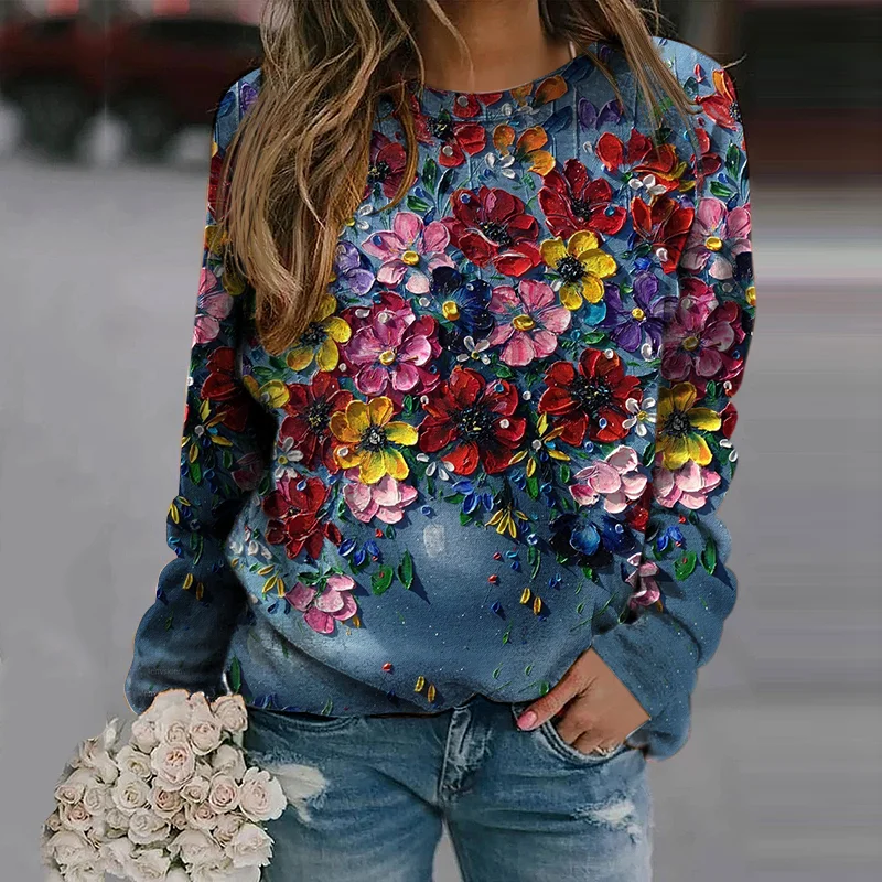 Colorful Flower Painting Crew New Trendy Sweatshirt