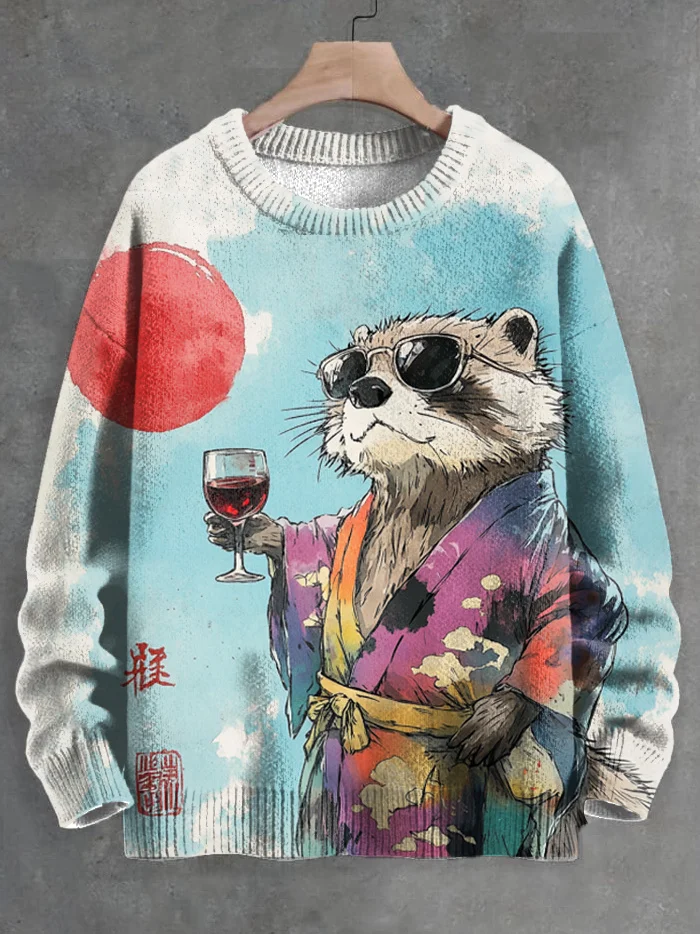 Men's Kimono Otter Drinks Wine Art Print Knit Sweatshirt