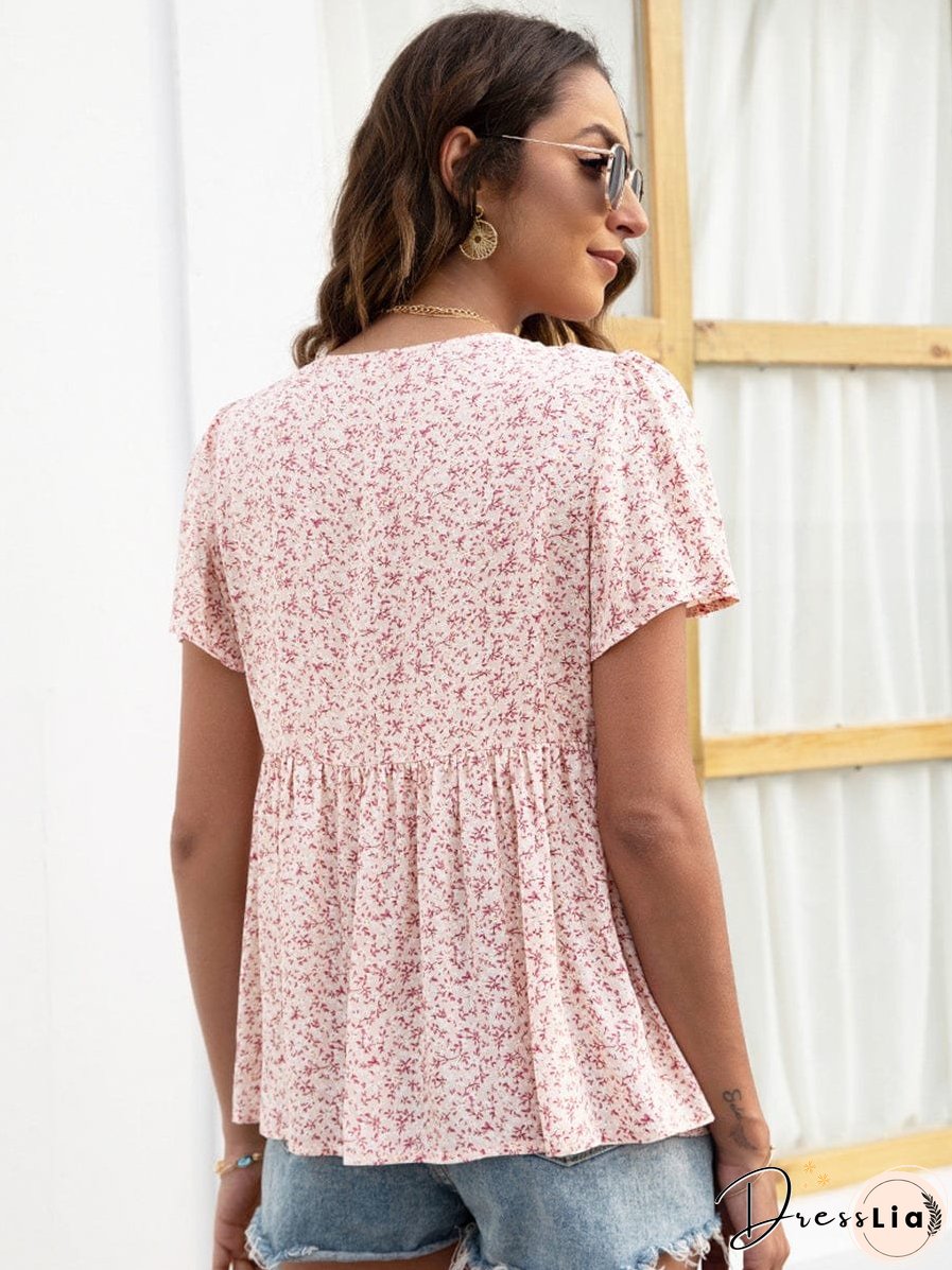V-Neck Floral Printed Pattern Short Sleeve Loose Casual T-Shirt