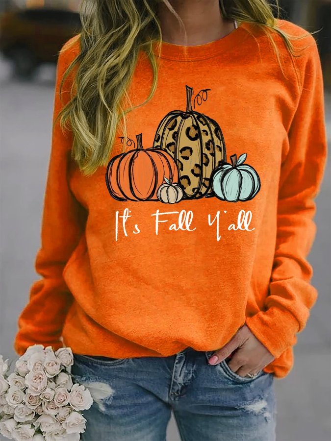Women's Halloween It's Fall Y'all Pumpkin Print Sweatshirt
