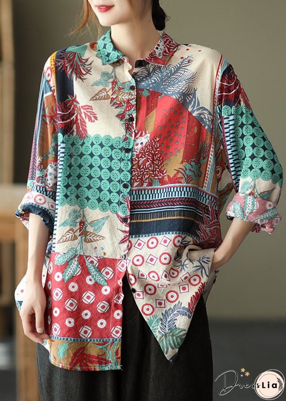 Red Patchwork Linen Shirts Peter Pan Collar Button Long Sleeve