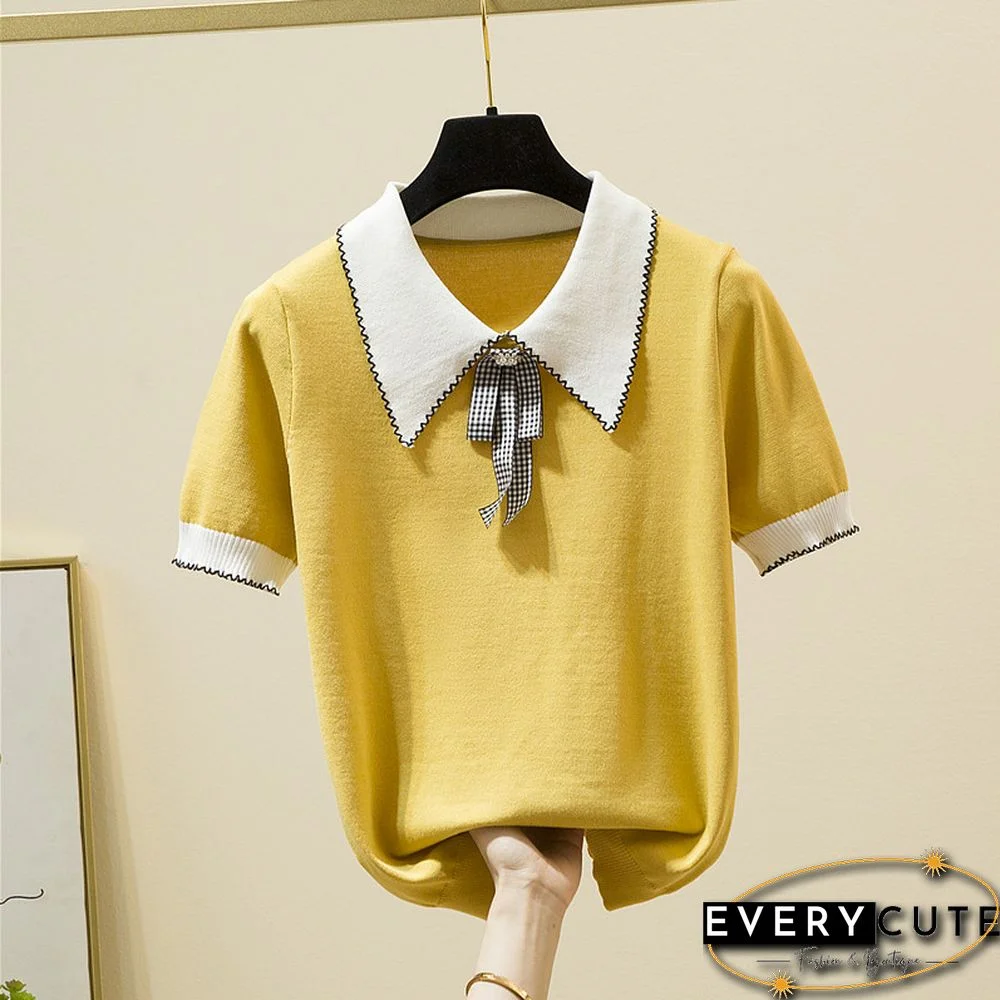 Korean Fashion Bow Women T Shirt Turn-Down Collar Knitted Tee Shirt Female Summer Short Sleeve Sweet Style Tshirt Woman Clothes