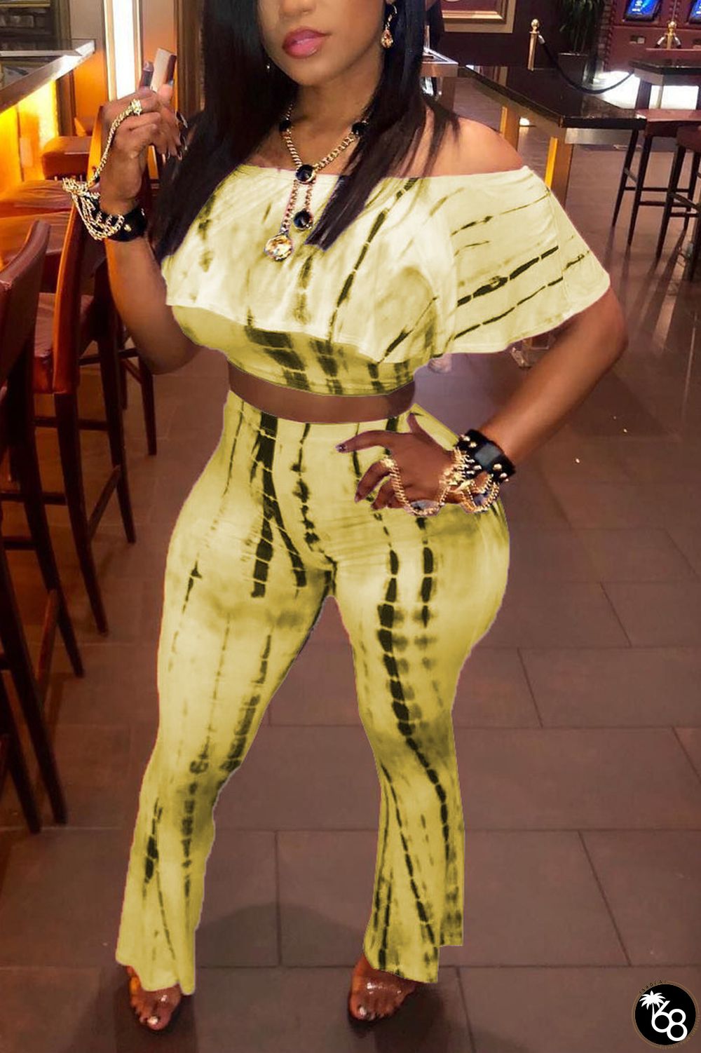 Yellow Fashion Geometric Tie Dye Off Shoulder Two-piece Set | 168DEAL