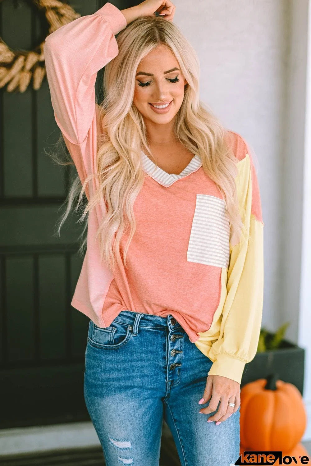 Color Block V-Neck Dropped Shoulder Sweatshirt with Pocket