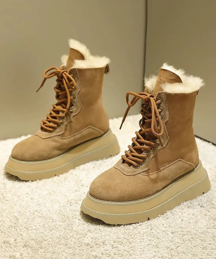 Comfortable Platform Fuzzy Wool Lined Boots Brown Suede Cross Strap