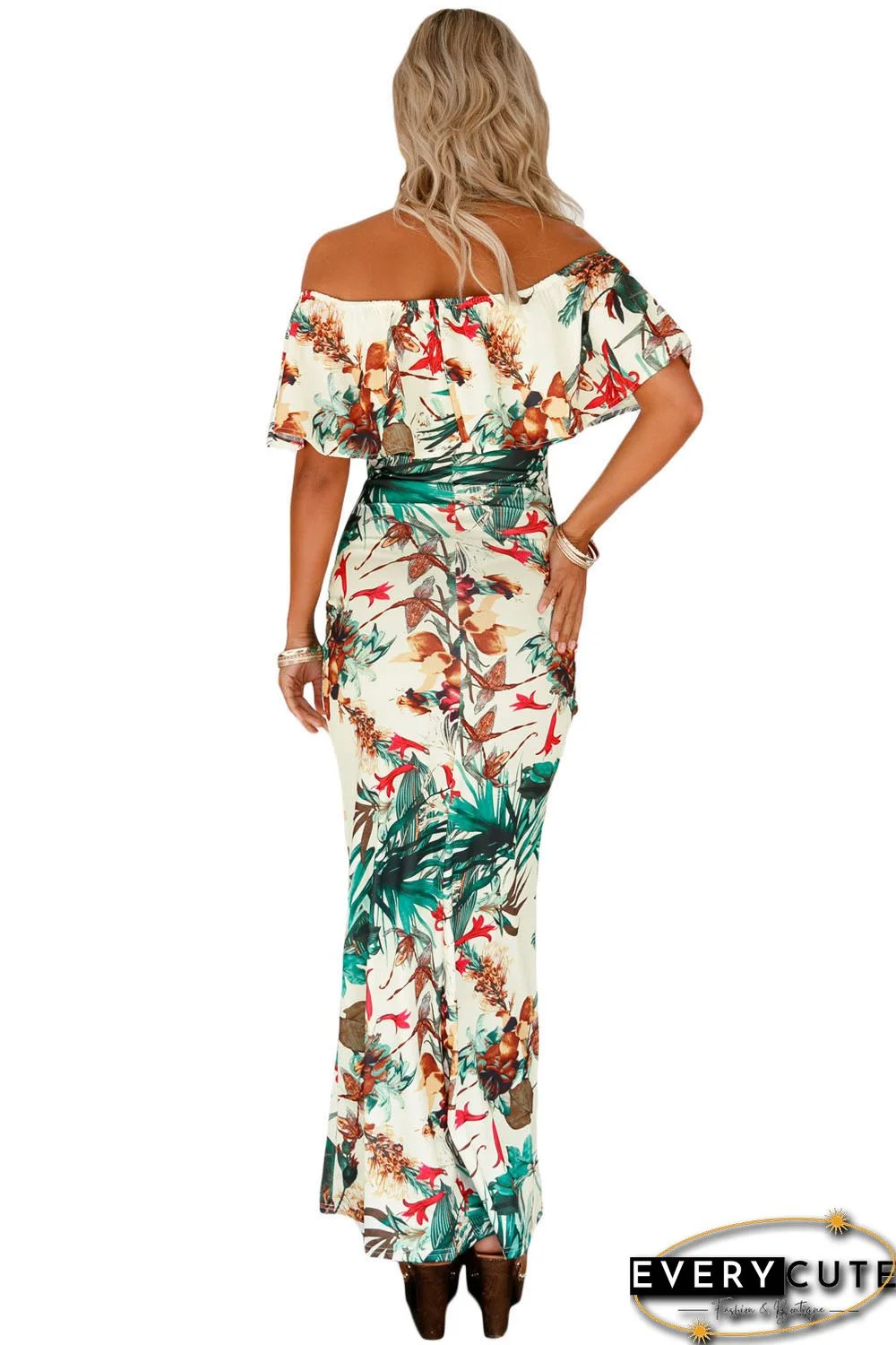 Vibrant Botanic Print Off-the-shoulder Maxi Dress