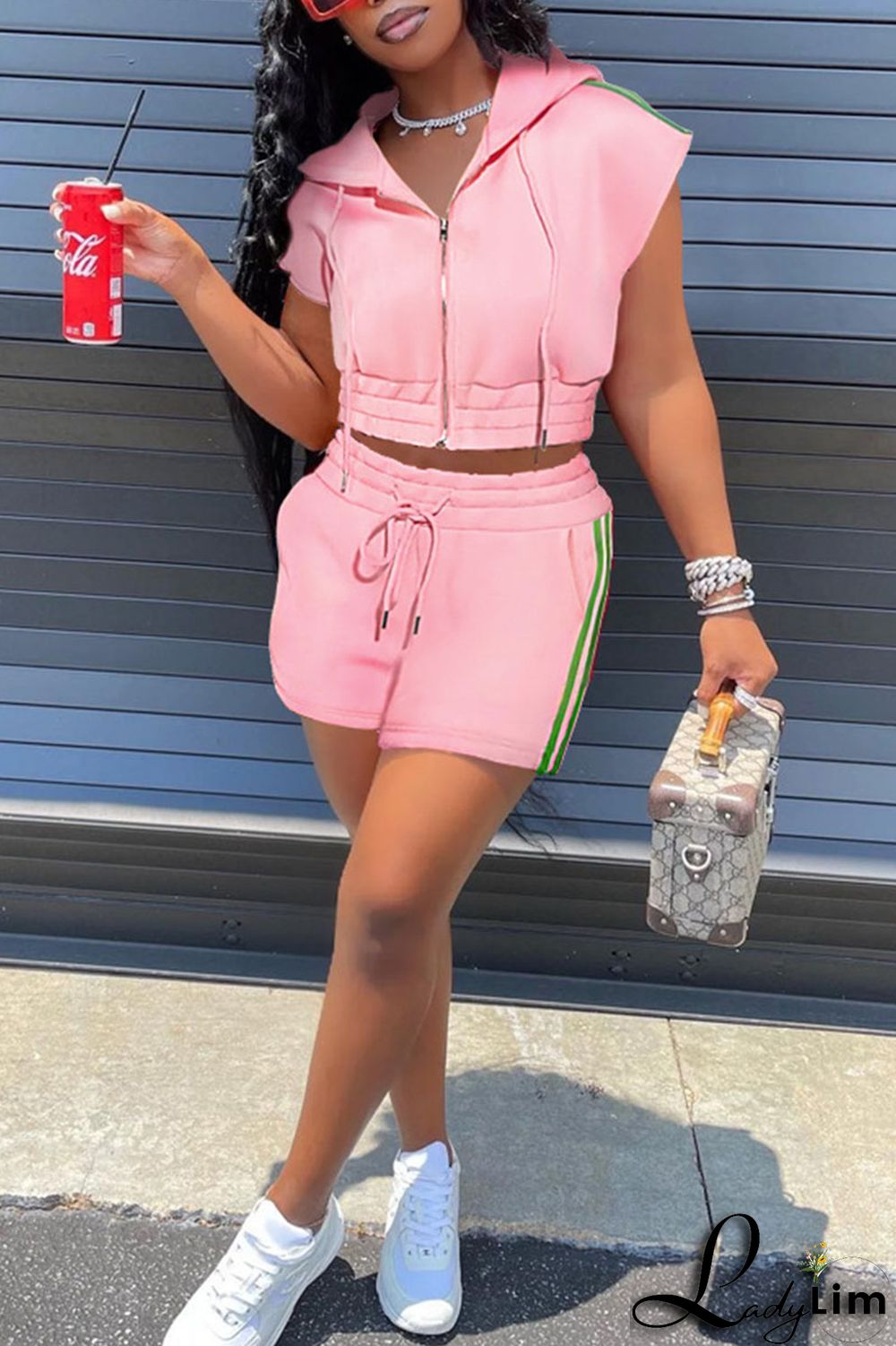 Black Casual Sportswear Solid Split Joint Hooded Collar Short Sleeve Two Pieces