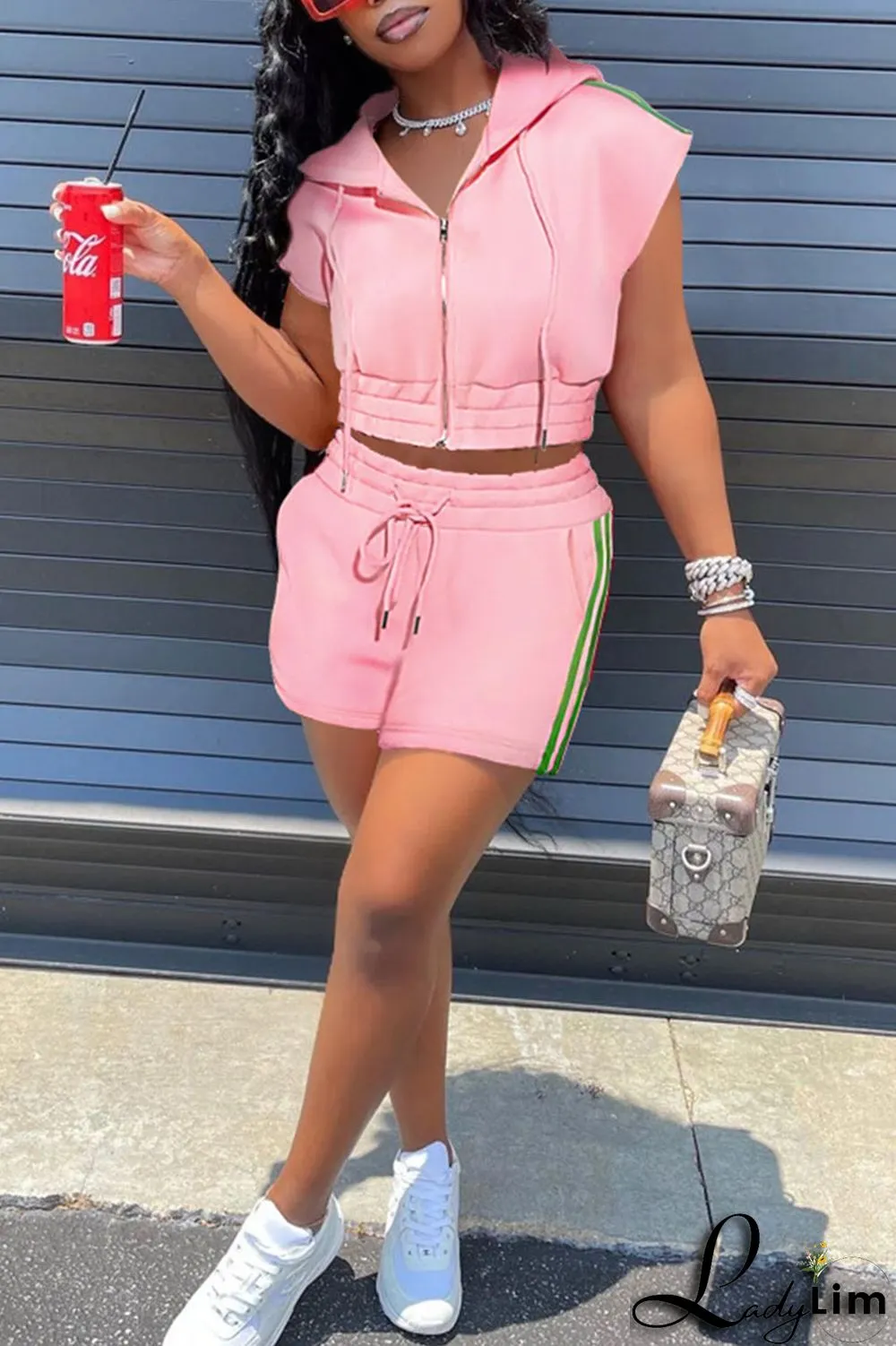 Black Casual Sportswear Solid Split Joint Hooded Collar Short Sleeve Two Pieces