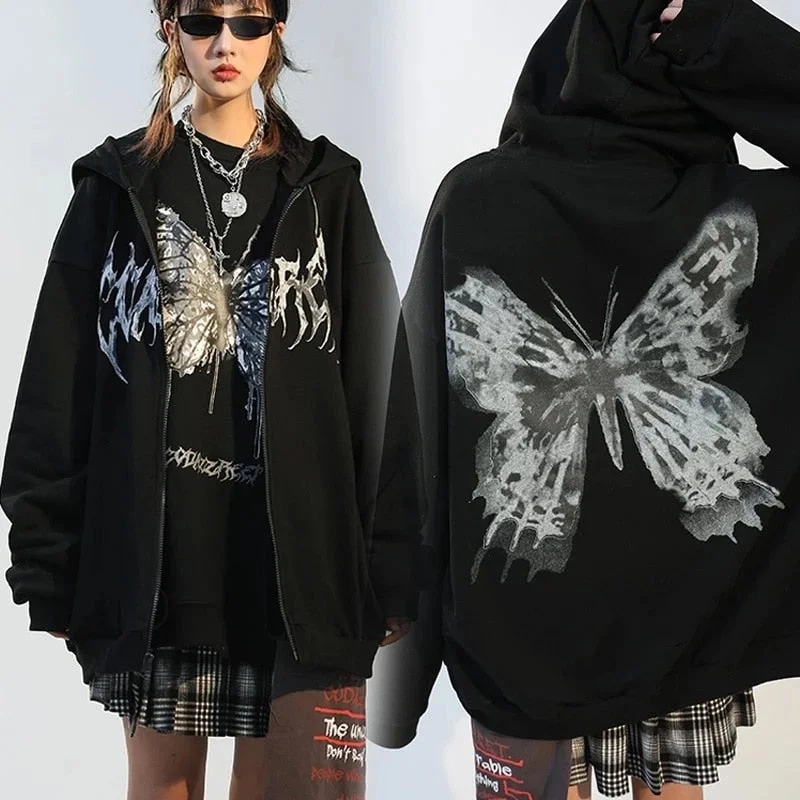 Y2K Gothic Butterfly Hoodie Punk Zip Up Harajuku Black Coat SP16685