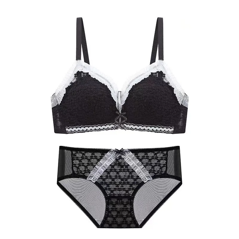 Japanese Style Cotton Bra Briefs Set Sexy Lace Bra Fashion Push Up Brassiere Seamless Comfort Panties Female Sexy  Lingerie Set
