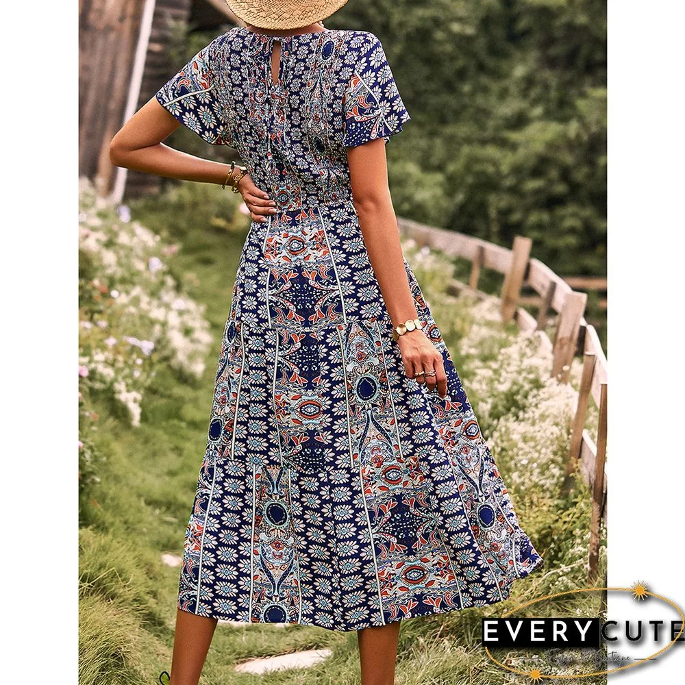 Navy Blue Bohemia Print Pleated Woven Casual Dress
