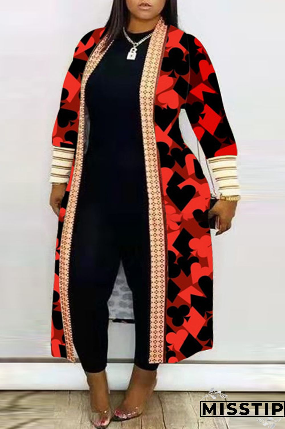 Red Fashion Casual Print Leopard Cardigan Plus Size Overcoat