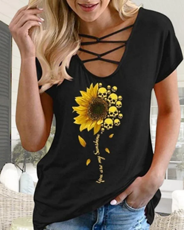 Skull Sunflower Print Casual Short Sleeve T-shirt