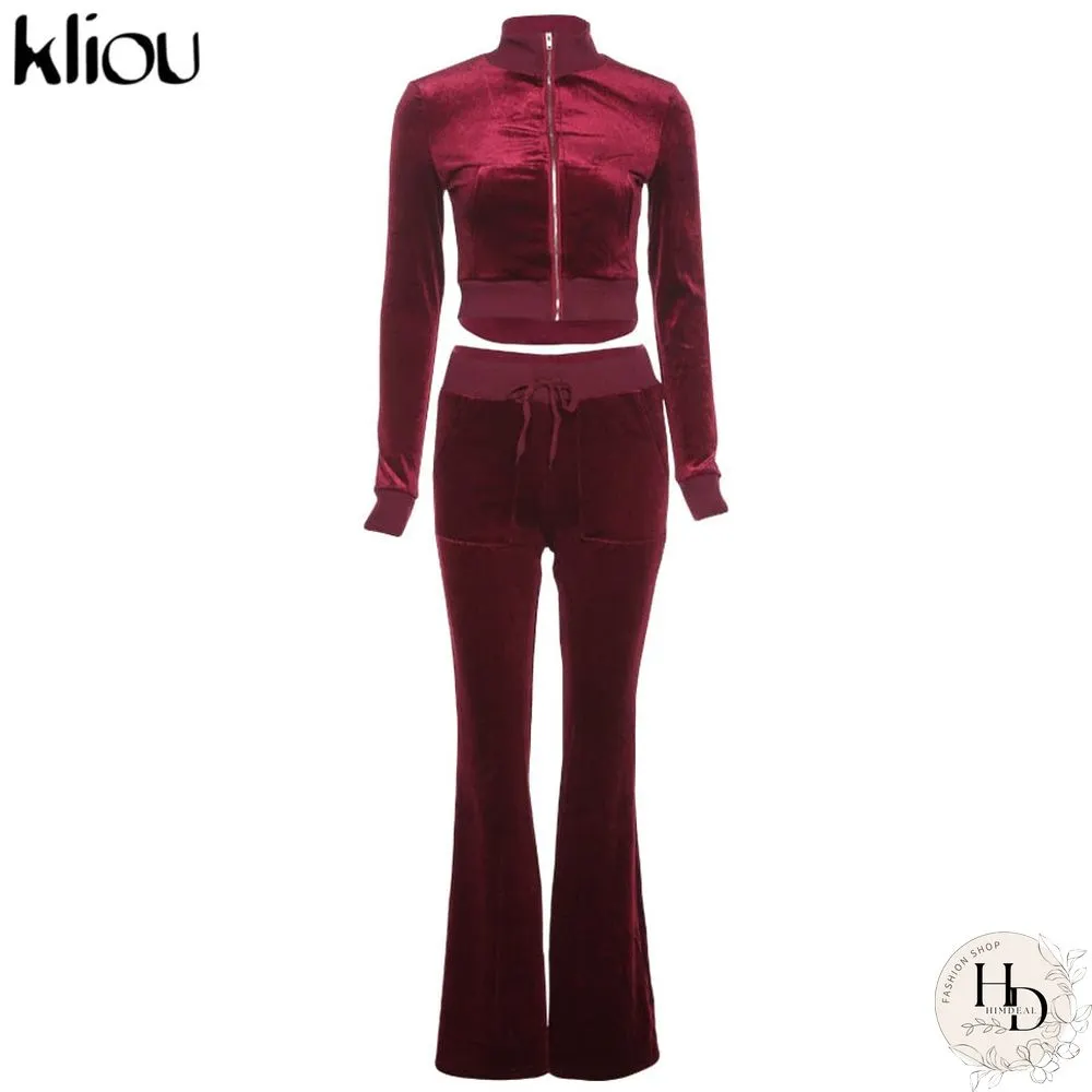 Kliou Solid Velour Two Piece Set Women Simple Casual Zipper Long Sleeve Turtleneck
