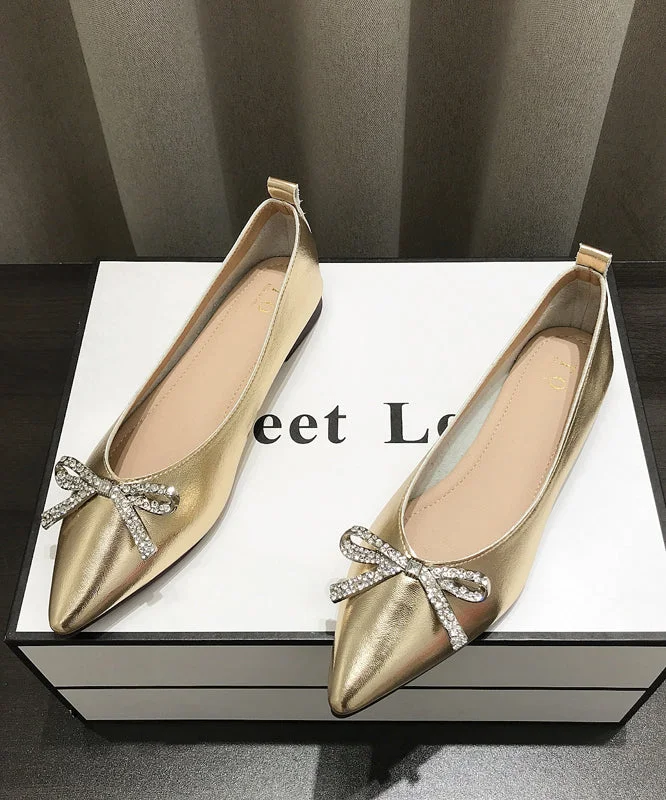 Women Comfy Bow Splicing Flat Shoes Gold Faux Leather Pointed Toe