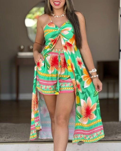 2 Pieces Outfit Adjustable Spaghetti Straps Twist Front Shirred Back High Slit Hem Longline Top and Elastic Waist Tie Front Shorts Set Casual Floral Print Vacation Set-0119