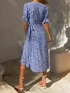 V-Neck Floral Print Short Sleeve Split-Side Midi Dress
