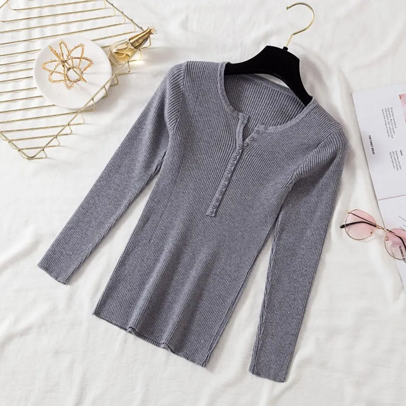 AOSSVIAO 2021 Autumn Winter Button V Neck Sweater Women Basic Slim Pullover Women Sweaters And Pullovers Knit Jumper Ladies Tops