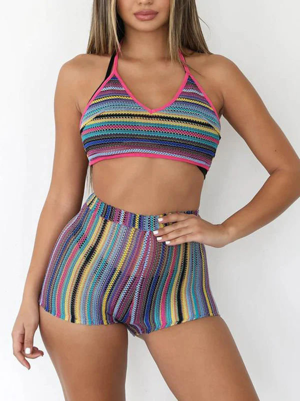 Rainbow Stripes Knitting Hollow Split Cover-Ups Set
