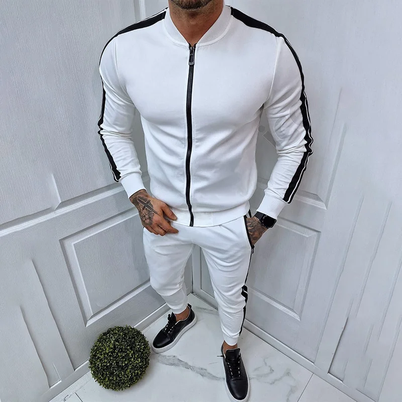 Casual And Simple Contrast Color Line White Jackets And Pants Co-Ord