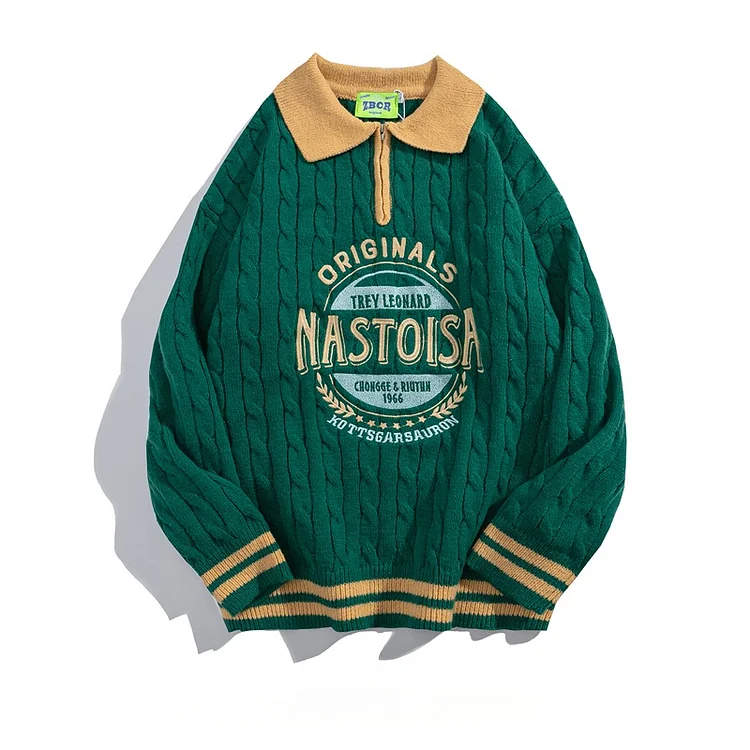Demandernyc Japanese Retro Twist Embroidery Letters POLO Collar Pullovers Sweaters Men/Women Trendy Street Loose Casual Couple Knitwear Tops