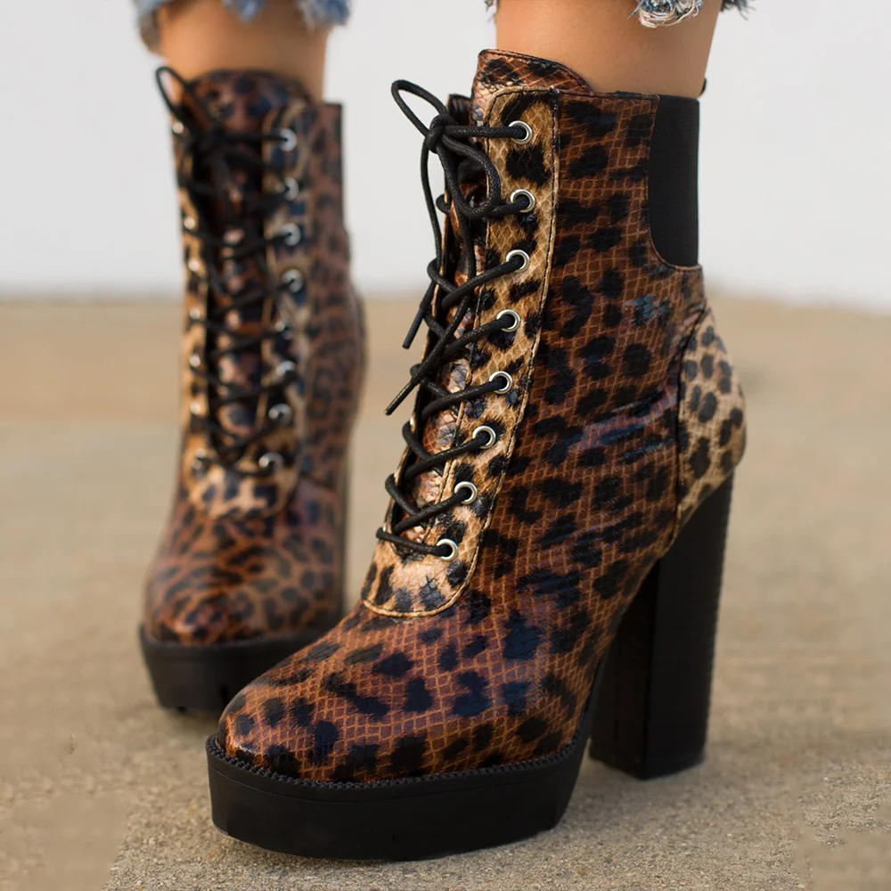 Brown Round Toe Leopard Boots Chunky Heel Lace Up Leather Ankle Boots