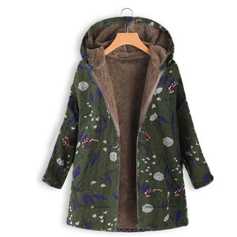 Women Print Winter Coat Casual PlusSize Fluffy Fleece Cozy Women Coat Warm Long Sleeve Zipper Hooded Female Coat Outwear