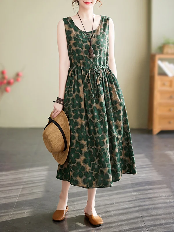 Roomy Sleeveless Drawstring Floral Stamped Round-Neck Midi Dresses