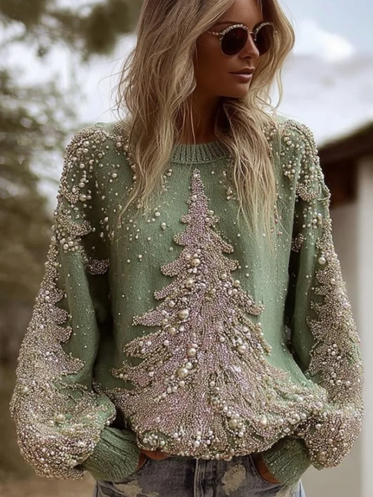 Women's Pearl Christmas Tree Embroidered Old Round Neck Sweater