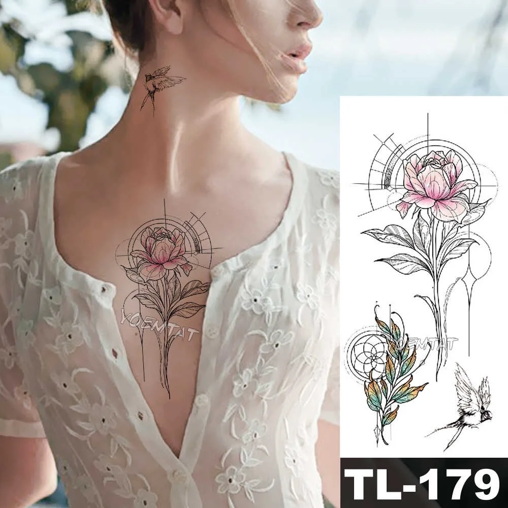 Sdrawing Watercolor Rose Lily Flower Waterproof Tattoo Stickers Women Body Chest Art Temporary Tatto Girl Waist 3D Flowers Tatoo