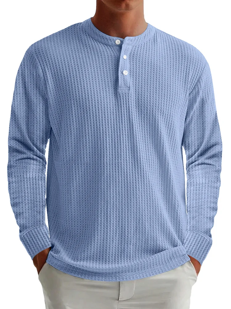 Men's Waffle Casual Button Solid Henley Shirt