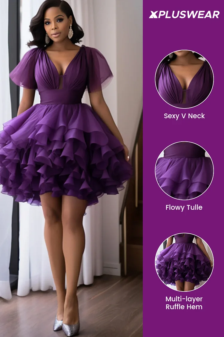 Xpluswear Design Plus Size Cocktail Party Purple Elegant Short Sleeve Bubble Ruffle Tulle Mini Dresses [Pre-Order]