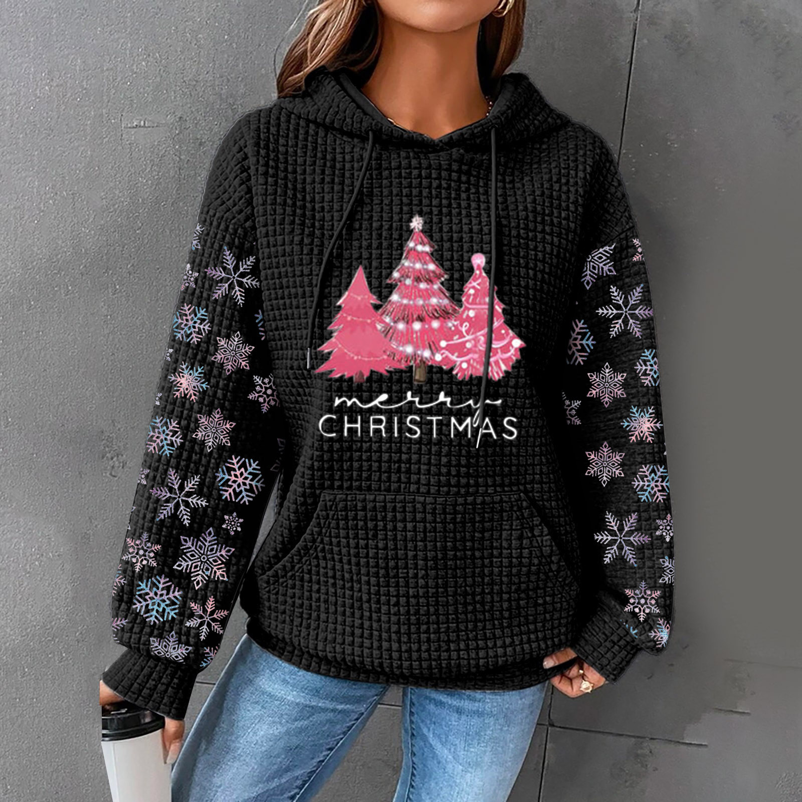Fashion Christmas Tree Print Waffle Loose Hooded Sweater