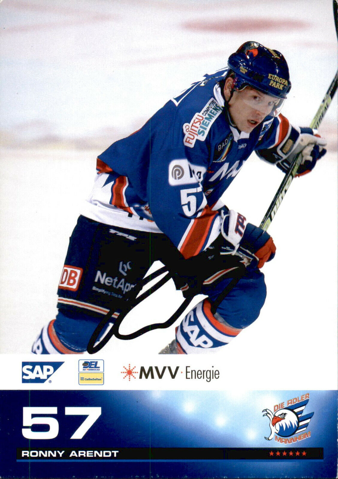 Ronny Arendt SIGNED 4.25 X 5.87 TEAM POST card 07/08 DIE ADLER MANNHEIM