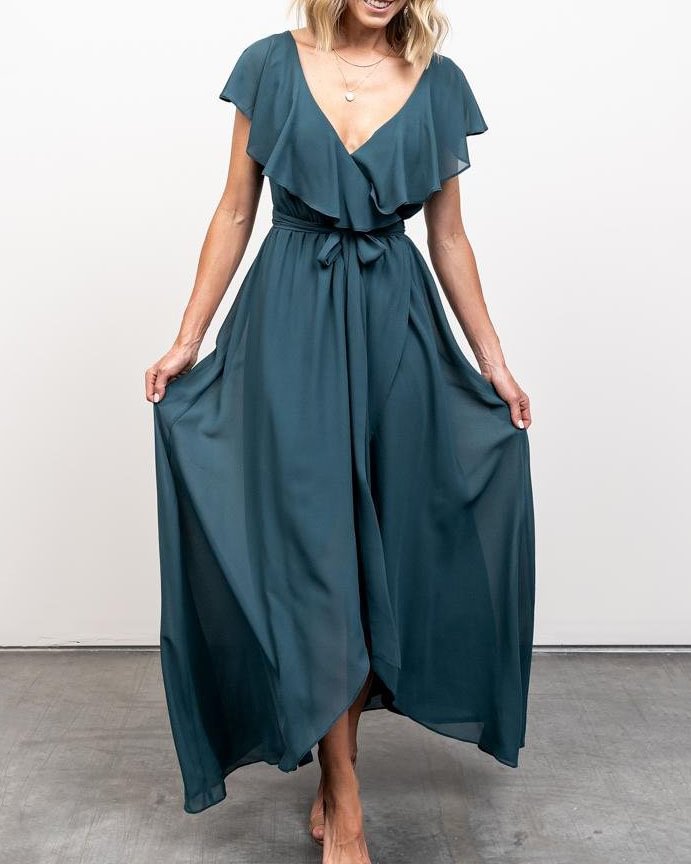 Simple V-Neck Ruffle Maxi Dress