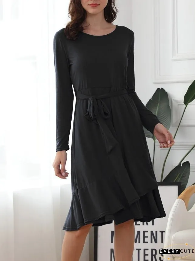 Dresses Solid Tie Crew Neck Long Sleeve Ruffle Dress for Women