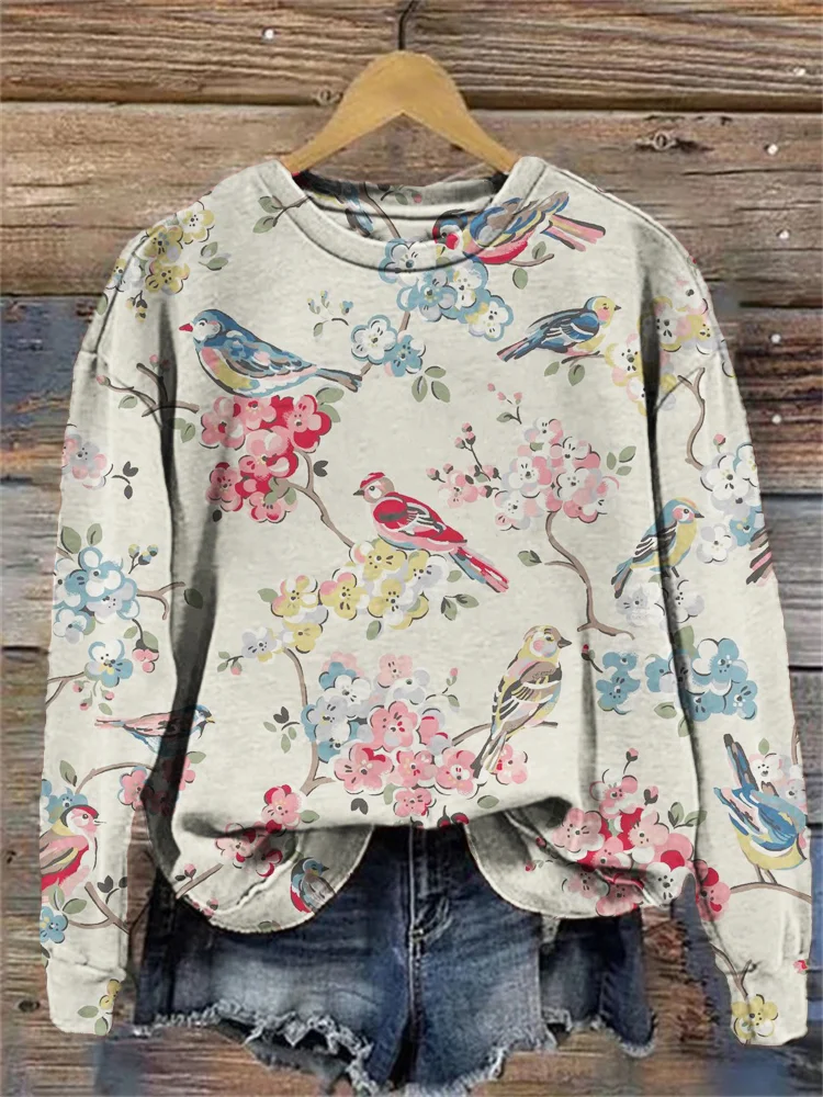 VChics Field Bird & Floral Print Cozy Sweatshirt