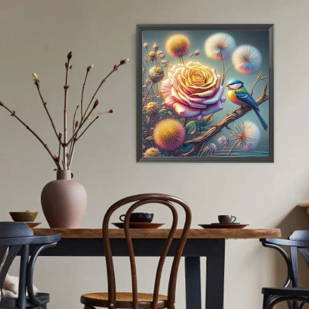 Diamond Painting - Full Round Drill - Rose Dandelion Bird(Canvas|40*40cm)