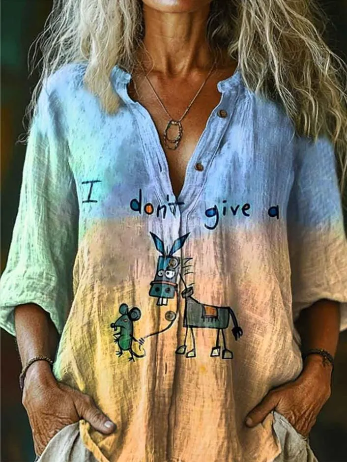 I Don&rsquo;t Give A Funny Donkey Letter Print Casual Linen V-neck Shirt
