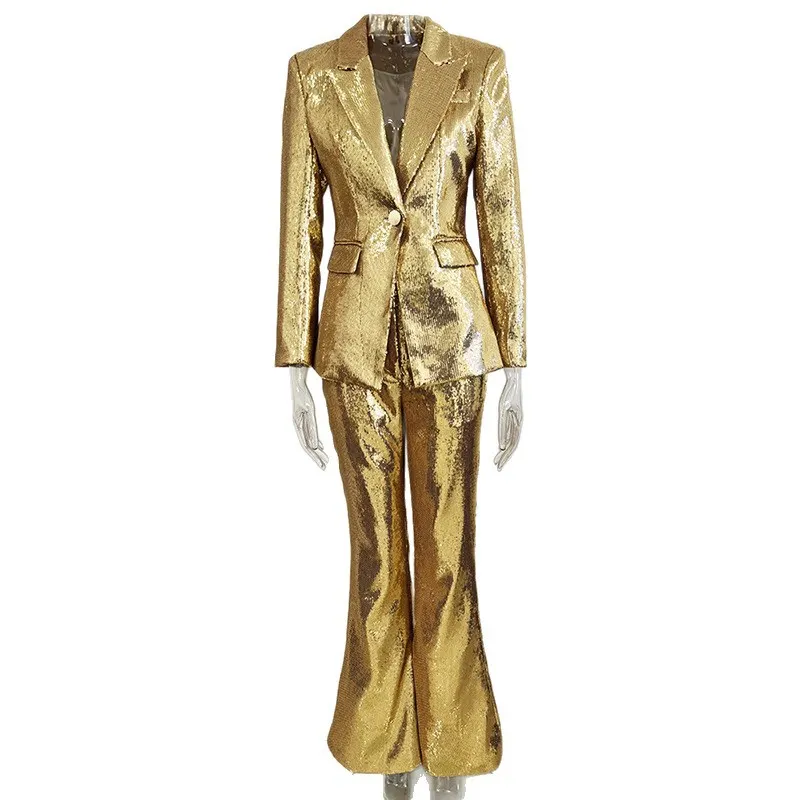 Nigikala Nigikala New Star Fashion Gold Lequine Suit Jacket Trouser Suit Two Sets