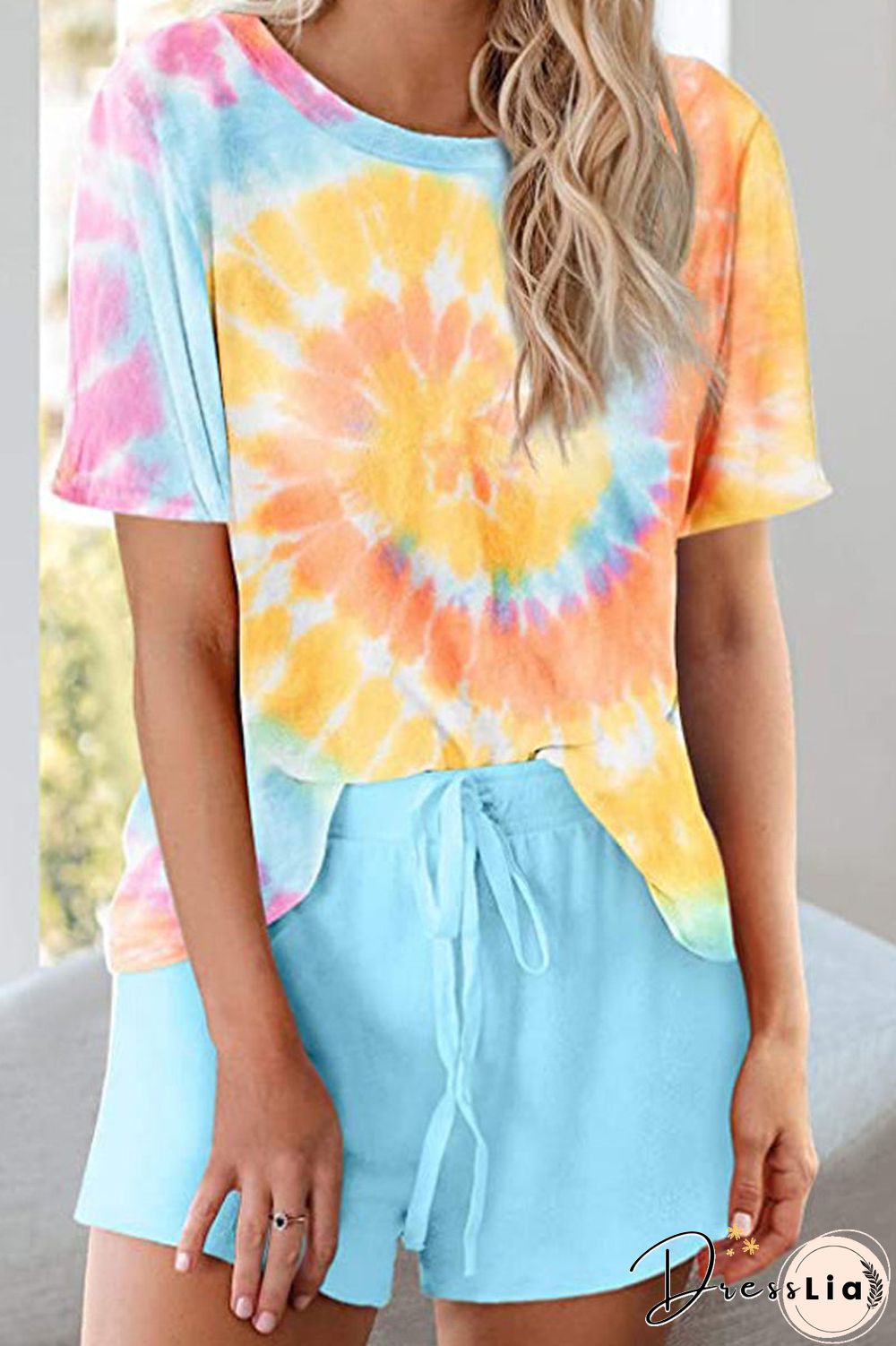 Round Neck Tie Dye Drawstring Two Piece Sets