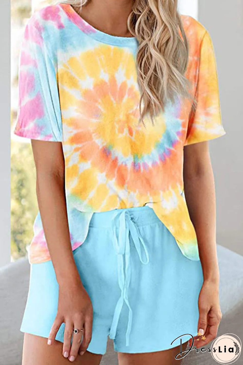Round Neck Tie Dye Drawstring Two Piece Sets