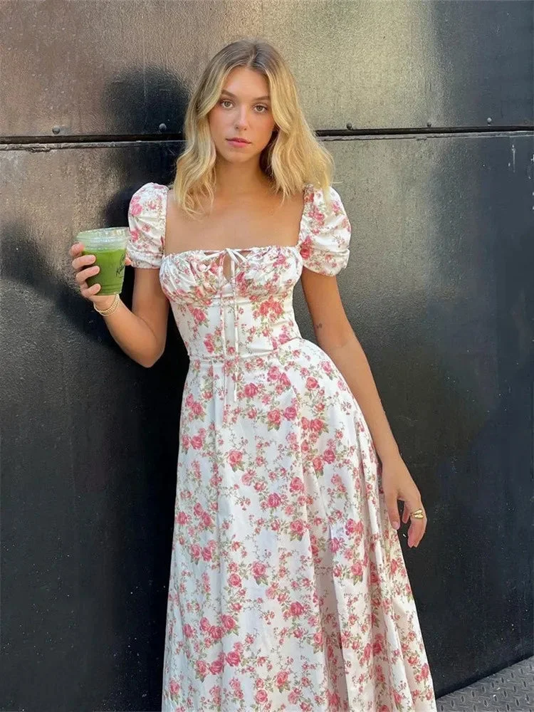 Nncharge Sleeve Floral Long Dress Women Summer Short Sleeve Square Neck Lace-up Split Dress Casual Sexy Vintage Dresses Female 2024