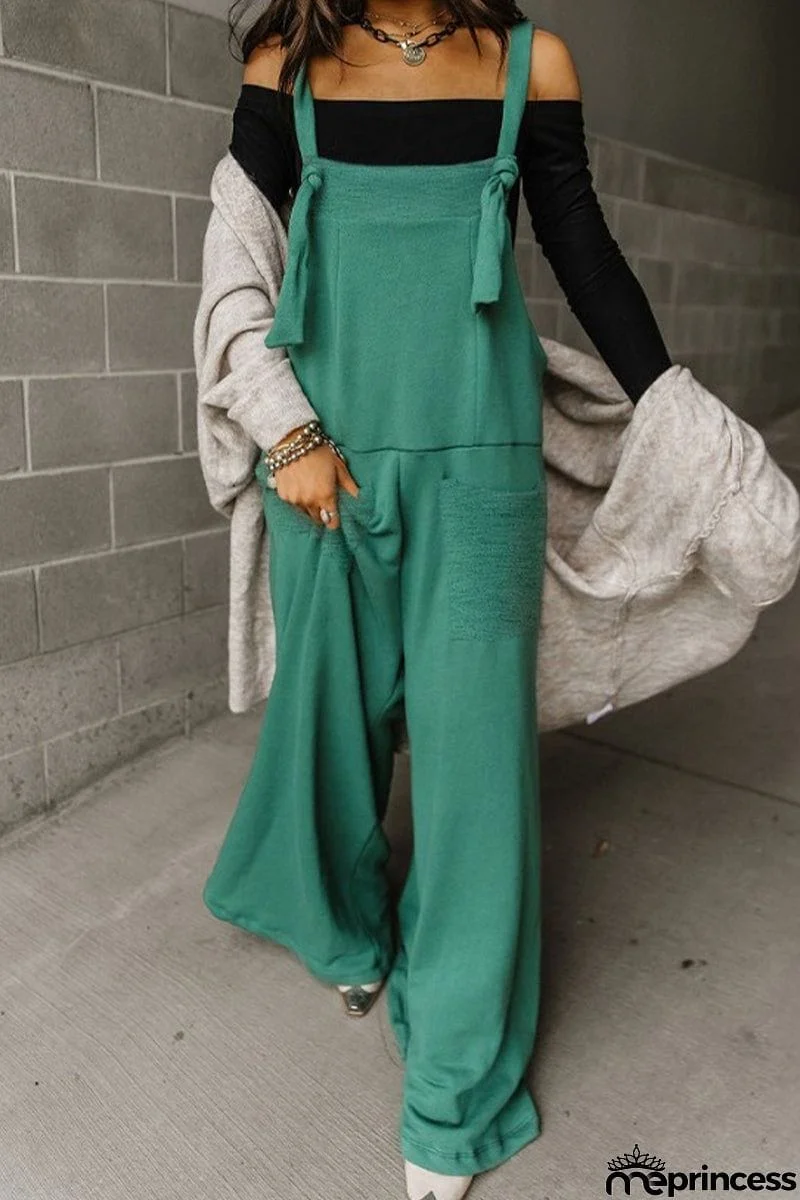 Casual Solid Pocket U Neck Loose Jumpsuits