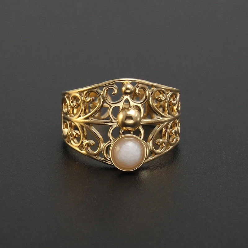 304 Stainless Steel 18K Gold Plated Baroque Style Plating Inlay Solid Color Natural Stone Open Rings
