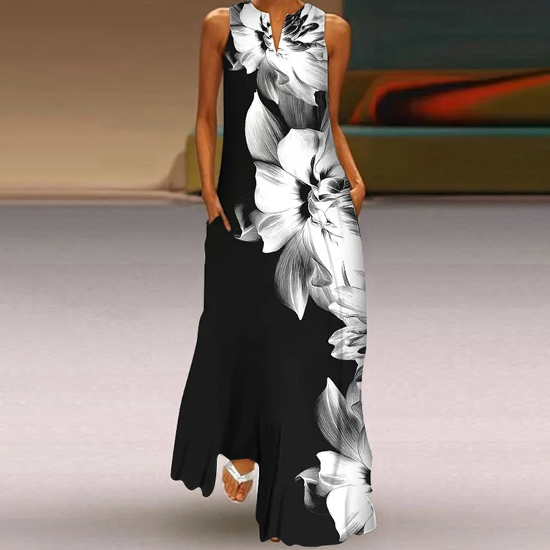 Floral Print Colorblock Sleeveless Maxi Dress