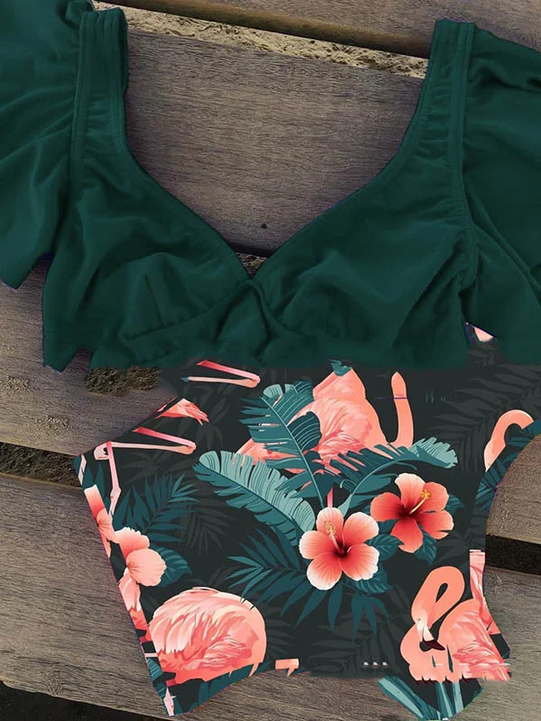 Falbala Floral-Printed Deep V-Neck Bikinis Swimsuit 
