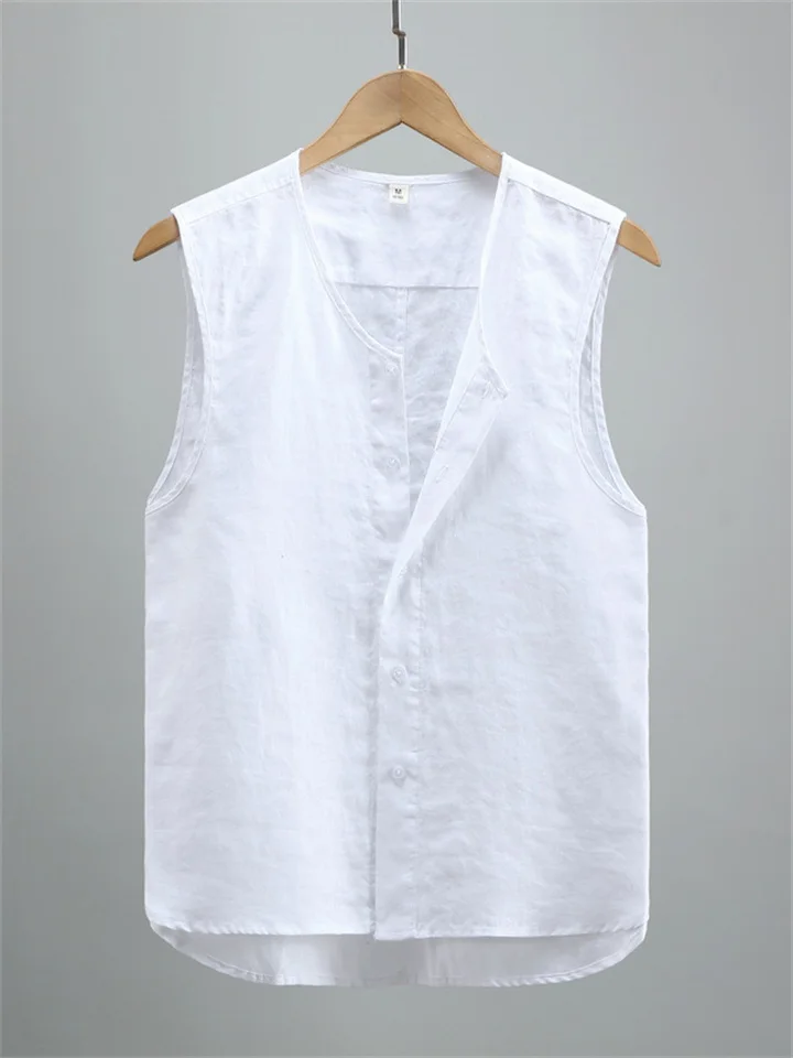 Summer Solid Color Linen Vest Undershirt Men's Sleeveless Washed Linen Thin Section Shirt