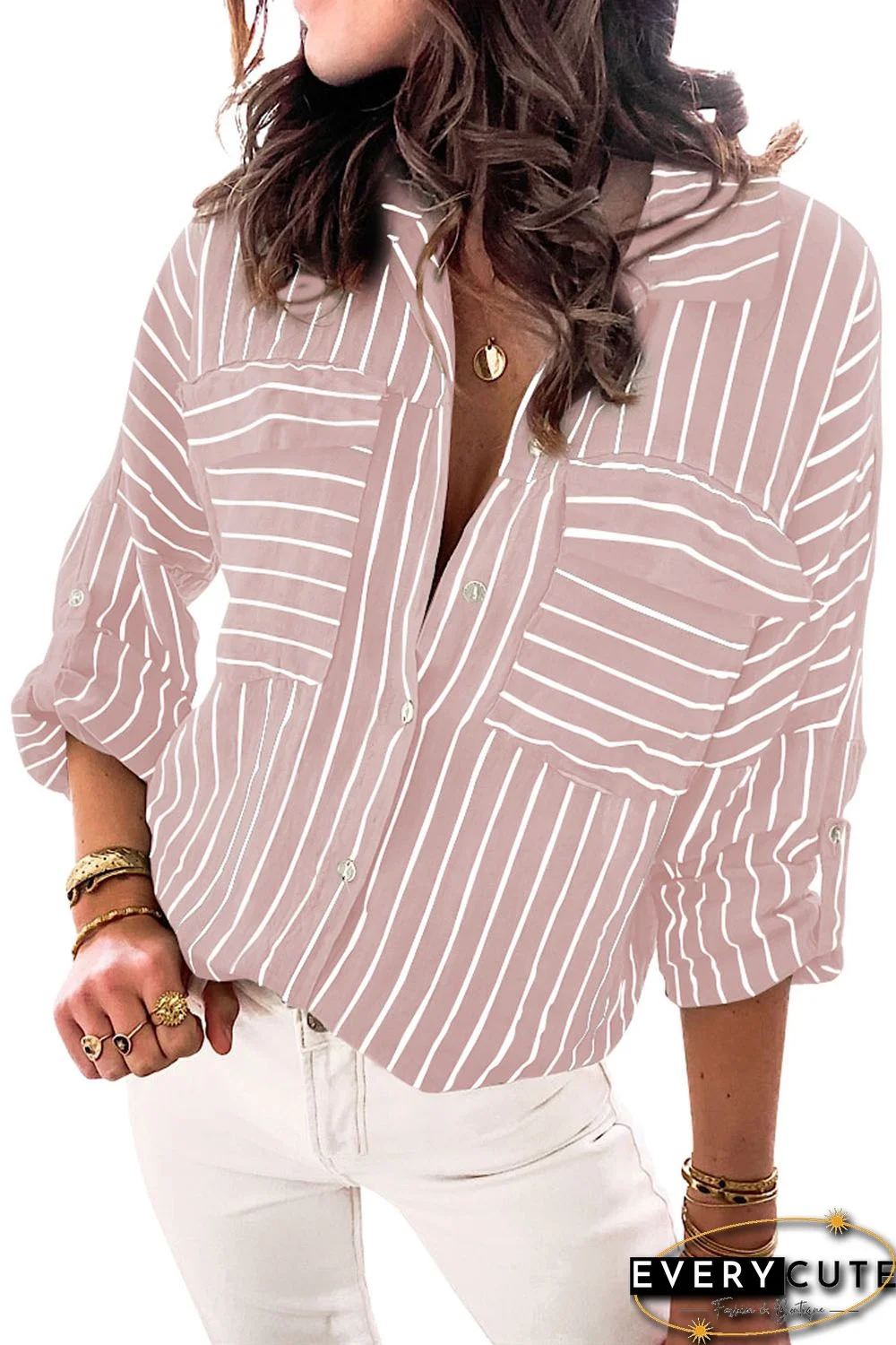 Pink Striped Print Buttoned Shirt